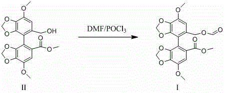 Reaction scheme showing the conversion of Bicyclol (II) to Formylated Bicyclol (I) using DMF and POCl3