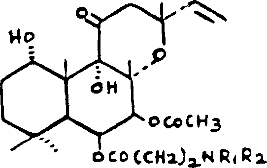 General chemical structure of Formula I representing 6-beta-(3-substituted amino) propionyl forskolin derivatives