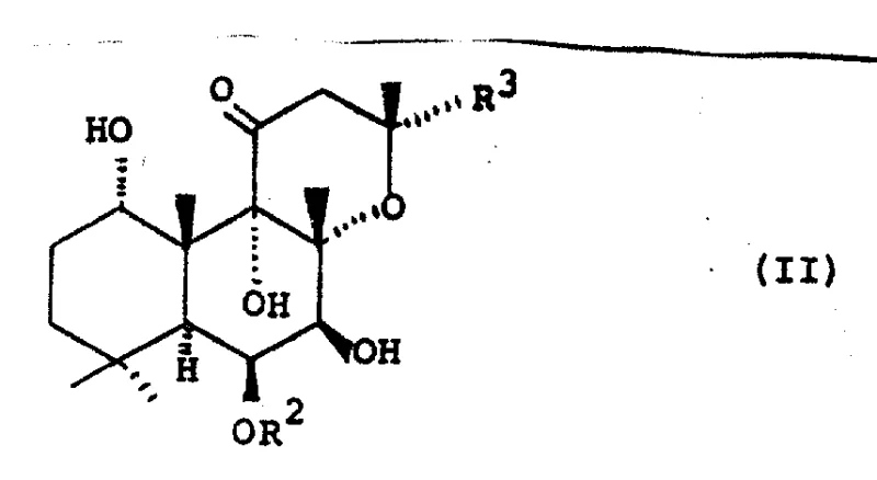 Chemical structure of Formula II showing the 7-deacetyl-6-acyl forskolin substrate with free hydroxyls at positions 1 and 7