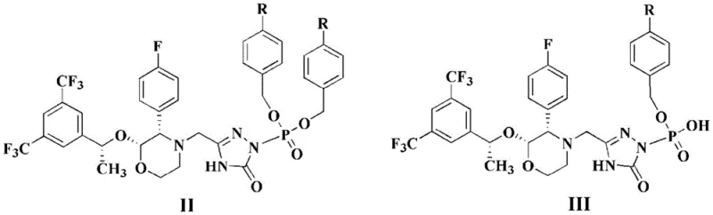 Chemical reaction scheme showing the conversion of benzyl-protected intermediates II and III to fosaprepitant dimeglumine using triethylsilane and palladium catalyst