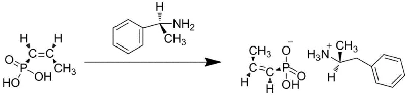 Chemical reaction showing the formation of the chiral intermediate salt from cis-propenyl phosphonic acid and (R)-(+)-alpha-phenylethylamine