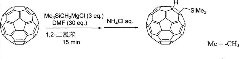 Reaction Scheme 1 showing the synthesis of mono-addition fullerene derivative using Grignard reagent and DMF