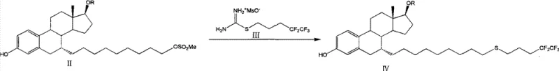 General synthetic scheme showing the coupling of steroid intermediate II with isothiourea reagent III to form IV, followed by deprotection and oxidation to Fulvestrant