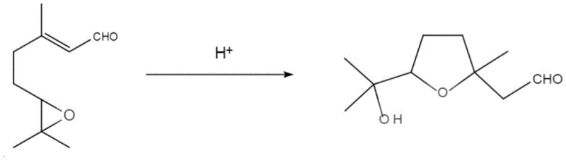 Acid-catalyzed cyclization mechanism of 6,7-epoxy citral to furan aldehyde