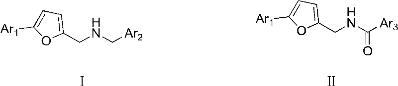 General chemical structures of Formula I and Formula II furan compounds showing variable aromatic substituents