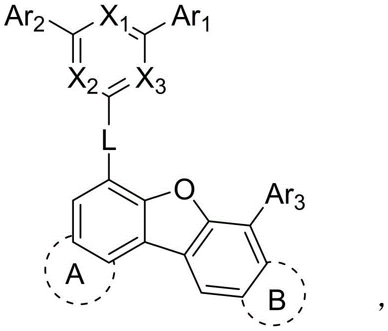 General structural formula of the furan-containing electron transport material showing the triazine core and fused furan rings