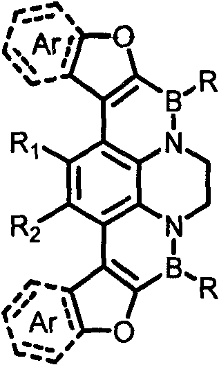 General structural formula of furan-fused borazadihydropyrene derivatives showing variable R and Ar groups