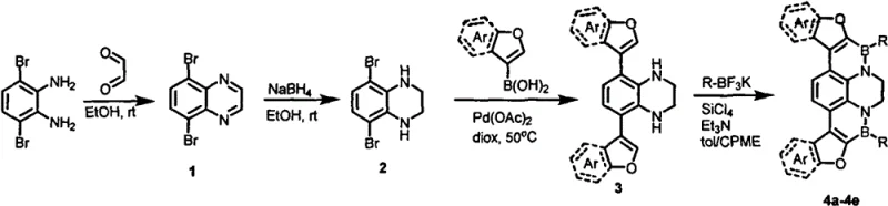 Detailed synthetic route showing steps from dibromobenzene diamine to final borazadihydropyrene derivatives