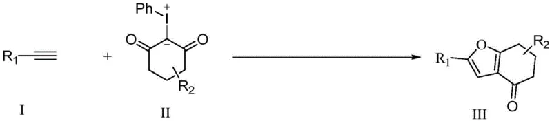 General reaction scheme showing terminal alkyne and iodine ylide reacting to form furan compound
