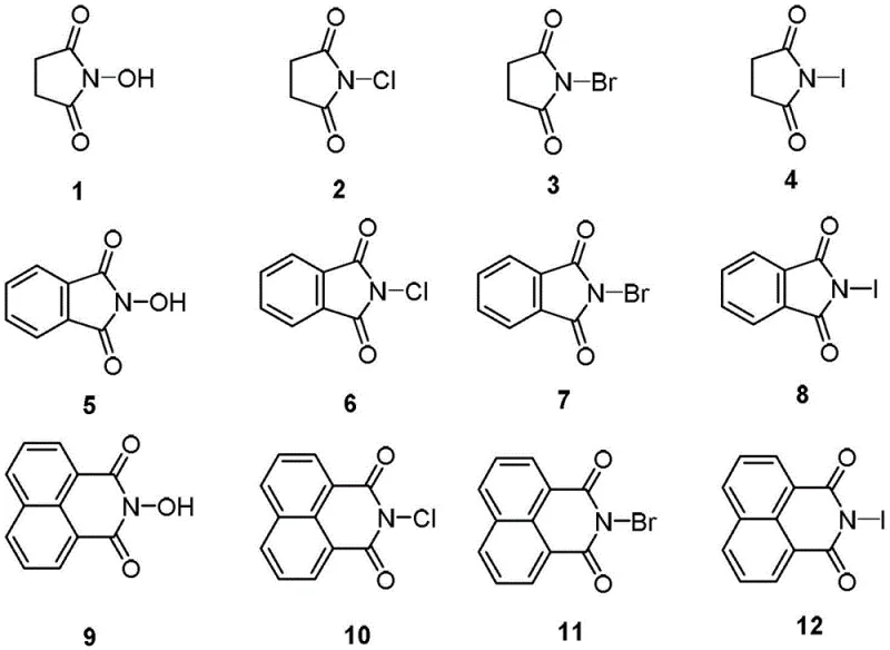 Chemical structures of dicarboximide catalysts used in the oxidative esterification of furfural