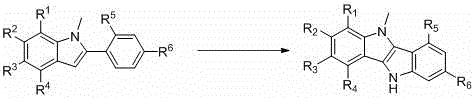 Reaction scheme showing the two-step conversion of indole to fused bisindole via nitrosation and triethyl phosphite cyclization