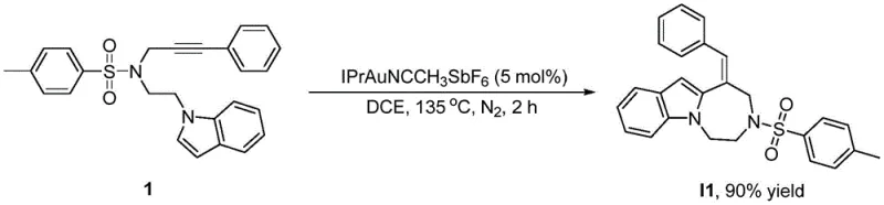 Specific example of Gold-catalyzed cyclization reaction converting Intermediate 1 to Compound I1