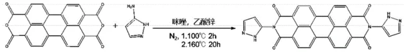 Synthetic route for Compound III-1 utilizing perylene anhydride with zinc acetate catalyst