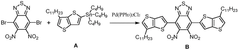 Stille coupling reaction scheme showing the formation of Compound B from dibromo-benzothiadiazole and stannylated thiophene