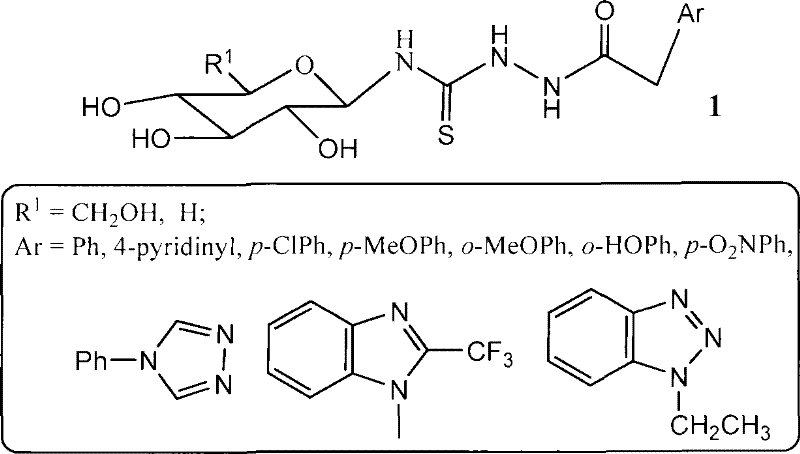 General chemical structure of galactosyl thiourea heterocyclic compounds showing variable heterocyclic bases