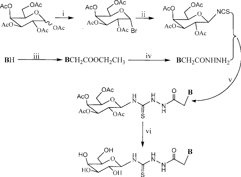 Six-step synthetic reaction scheme for galactosyl thiourea heterocyclic compounds