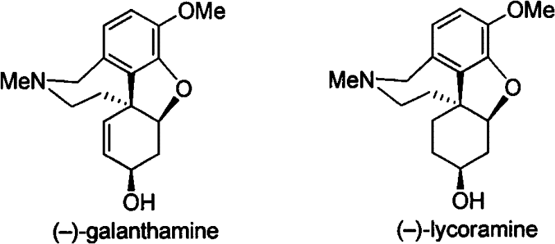 Chemical structures of natural (-)-galanthamine and (-)-lycoramine showing the tetracyclic alkaloid framework