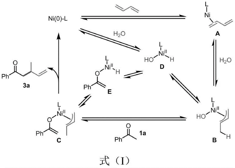 Proposed catalytic cycle mechanism showing Ni(0)/IMes coordination and water-assisted protonation