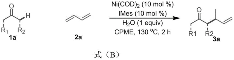 General reaction scheme for Ni-catalyzed alpha-butenylation of ketones with 1,3-butadiene