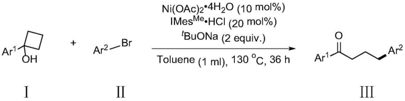 General reaction scheme for Nickel-catalyzed synthesis of gamma-aryl ketones from cyclobutanols and aryl bromides
