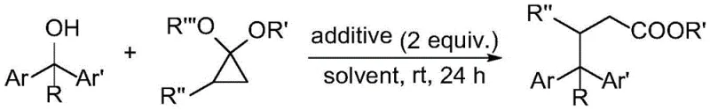 General reaction scheme showing the direct cross-coupling of aryl-substituted methanol with cyclopropanol derivatives catalyzed by an additive to form gamma-gamma-diaryl esters