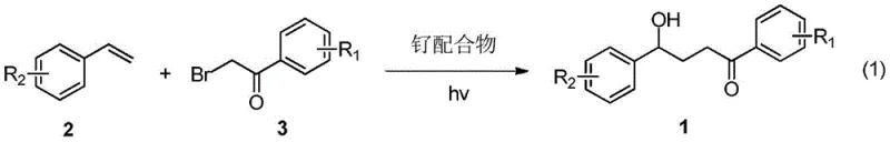 General reaction scheme showing the visible light catalyzed coupling of styrene and alpha-bromoacetophenone to form gamma-hydroxy ketone derivatives