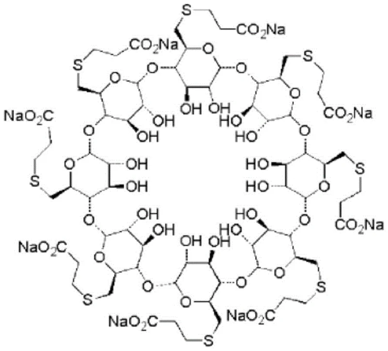 Chemical structure of Sugammadex Sodium showing the modified gamma-cyclodextrin core with carboxyl side chains