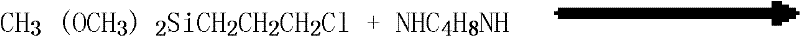 Reaction scheme showing the nucleophilic substitution between gamma-chloropropyl methyldimethoxysilane and anhydrous piperazine