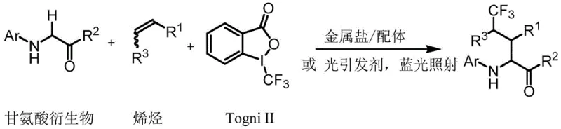 General reaction scheme for gamma-trifluoromethyl amino acid synthesis using Togni reagent