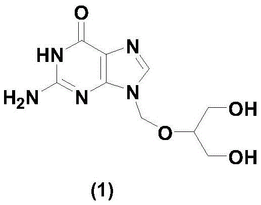 Chemical structure of Ganciclovir (1), the target antiviral nucleoside analog