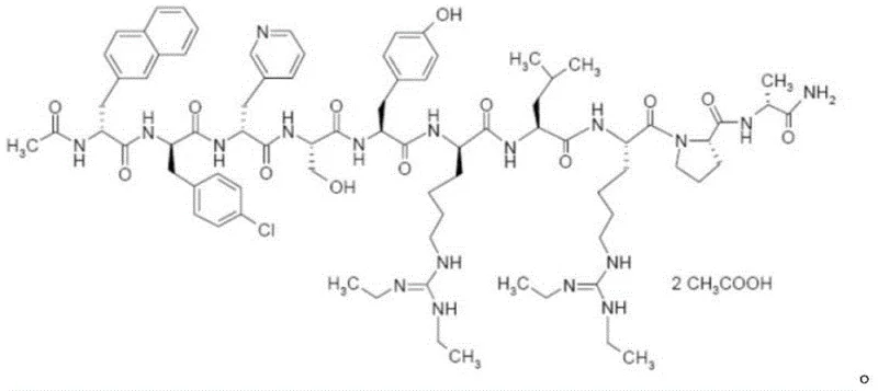 Chemical structure of Ganirelix Acetate showing the decapeptide sequence and acetate salt formation