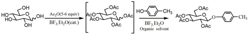 Reaction scheme showing Lewis acid catalyzed acetylation and glycosylation of D-glucose with p-cresol