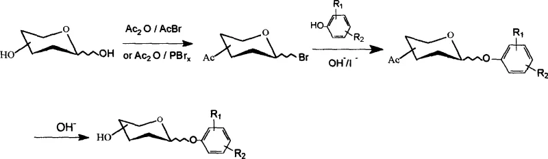 General synthesis route showing acetylation, bromination, condensation, and deprotection steps for phenolic glycosides