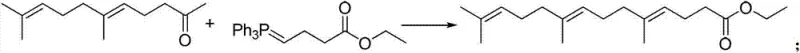 Reaction scheme showing the Wittig reaction between phosphorus ylide and geranylacetone to form farnesyl ethyl acetate