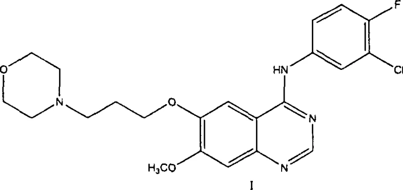 Chemical structure of Gefitinib (Compound I) showing the quinazoline core and side chains