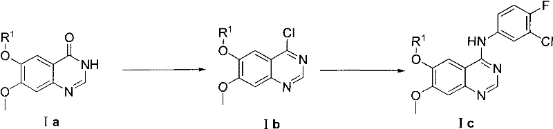 Prior art synthetic route showing harsh chlorination steps using POCl3 or PCl5 leading to intermediate Ib