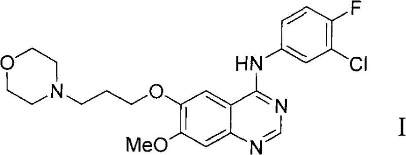 Chemical structure of Gefitinib (Formula I) showing the quinazoline core and side chains