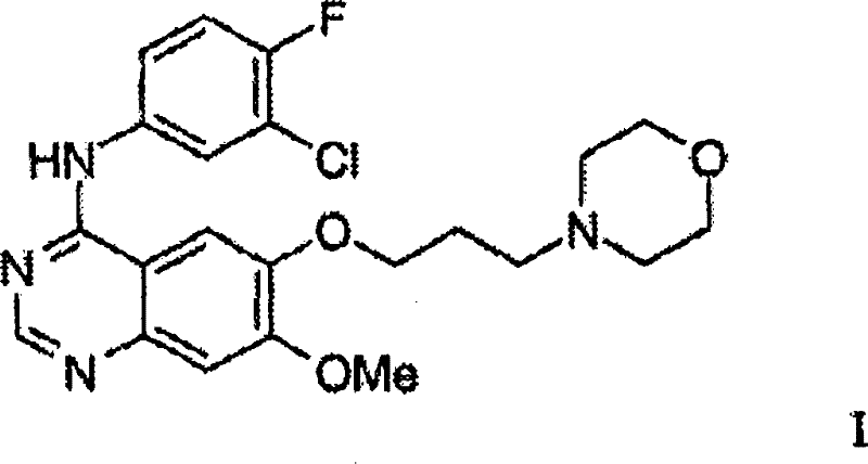 Chemical structure of Gefitinib (Formula I), the target quinazoline derivative with antiproliferative activity