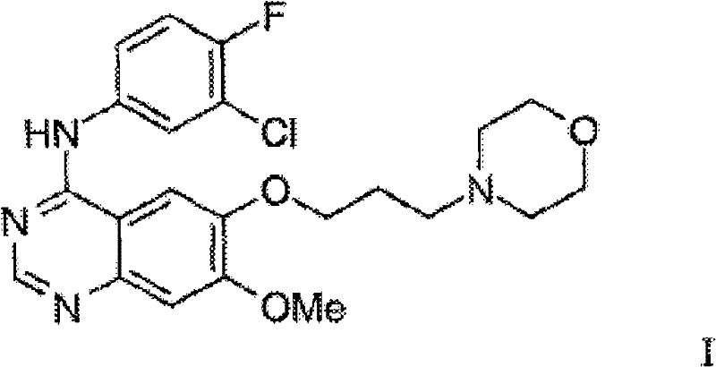 Chemical structure of Gefitinib (Formula I) showing the quinazoline core and side chains