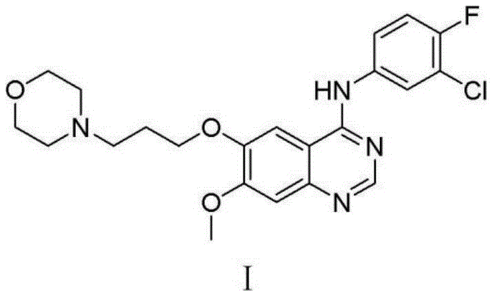 Chemical structure of Gefitinib (Formula I) showing the quinazoline core and morpholine side chain