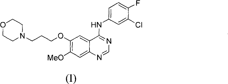 Chemical structure of Gefitinib (I) showing the quinazoline core and side chains