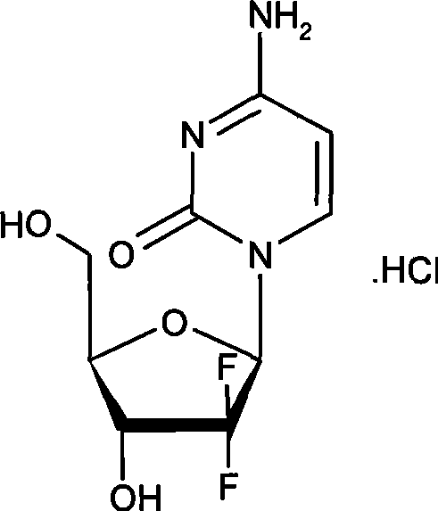 Chemical structure of 2'-deoxy-2',2'-difluoro-beta-cytidine hydrochloride showing the difluoro modification