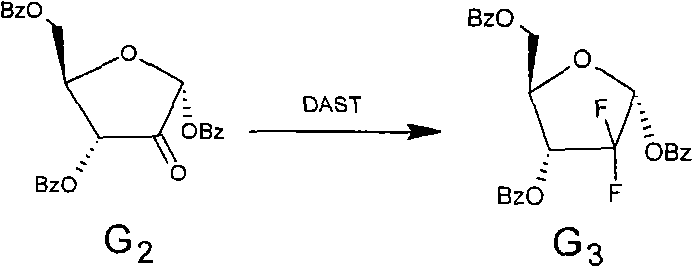 Fluorination mechanism converting ketone G2 to difluoro intermediate G3