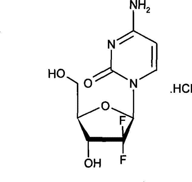 Chemical structure of 2'-deoxy-2',2'-difluoro-beta-cytidine hydrochloride showing the difluoro modification on the ribose ring