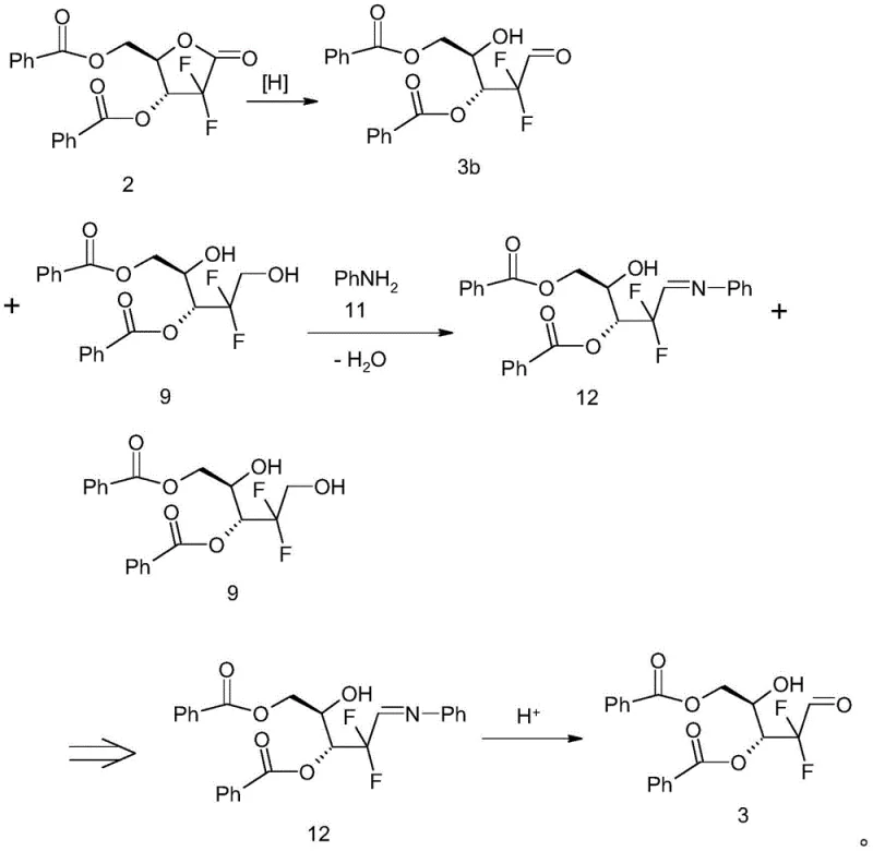 Reaction scheme showing the conversion of Compound 3 to Schiff Base Compound 12 and subsequent hydrolysis and mesylation