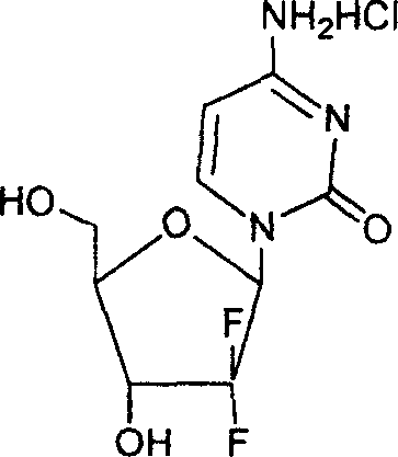 Chemical structure of Gemcitabine Hydrochloride showing the difluoro-ribofuranose core and cytosine base