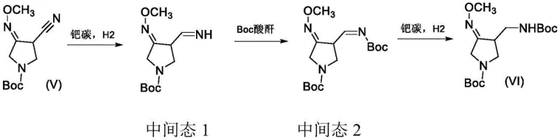Reaction mechanism showing intermediate states during hydrogenation and Boc protection