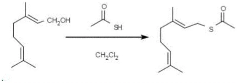 Reaction scheme showing the one-step synthesis of geraniol thioacetate from geraniol and thioacetic acid using pyridine and dichloromethane