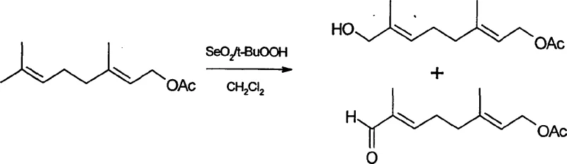 Reaction scheme showing the selective oxidation of geranyl acetate using SeO2/t-BuOOH followed by NaBH4 reduction to form trans-8-hydroxyacetic acid geranyl ester