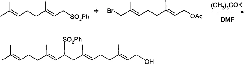 Condensation reaction of geranyl sulfone and trans-8-bromoacetic acid geranyl ester using potassium tert-butoxide to form 9-sulfone-geranylgeraniol